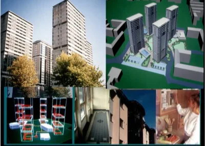 Picture collage showing inside and outside of buildings, and a render of high-rise apartments