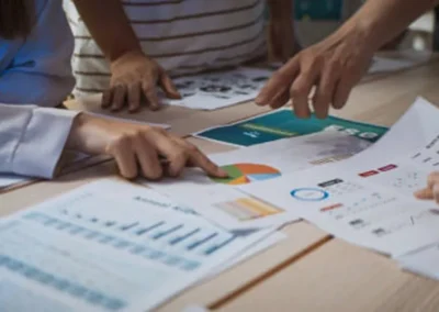 Hands pointing at various charts