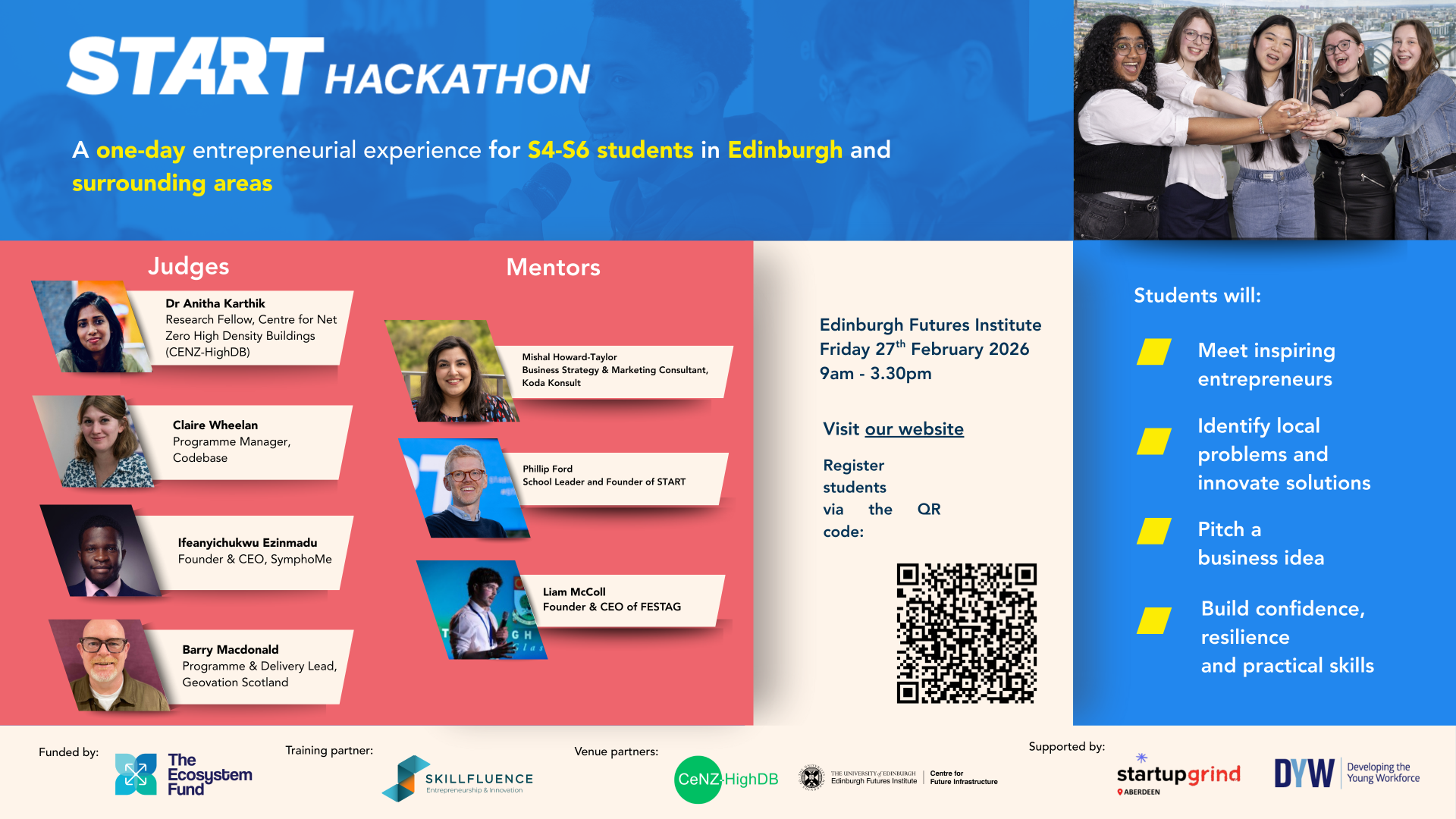 Infographic showing details of the START Hackathon, a on-day entrepreneurial experience for S4-S6 students in Edinburgh and surrounding areas